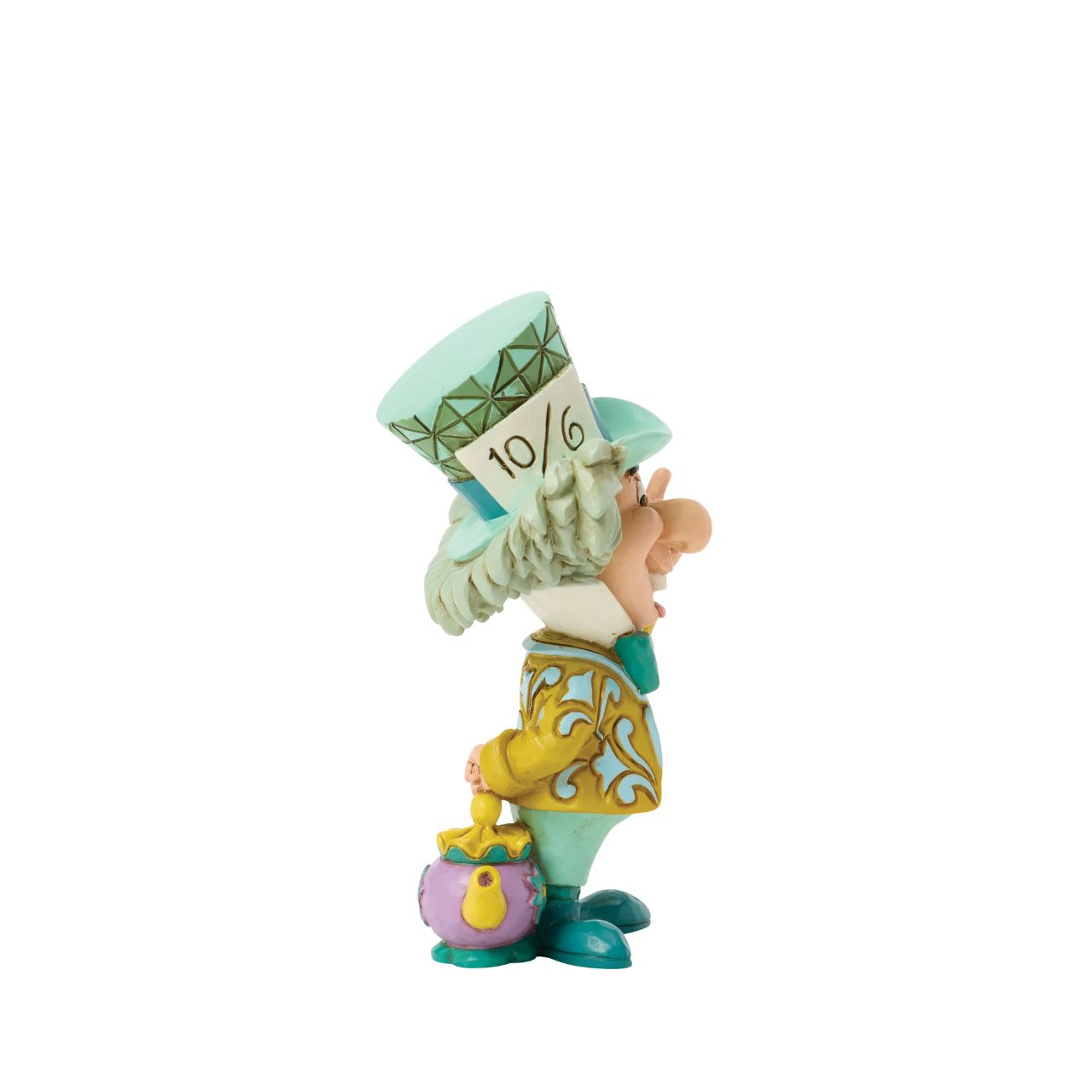 The Mad Hatter smiles toothily in this quirky Jim Shore mini, showcasing the hatter's eccentric charm and unconventional personality.
