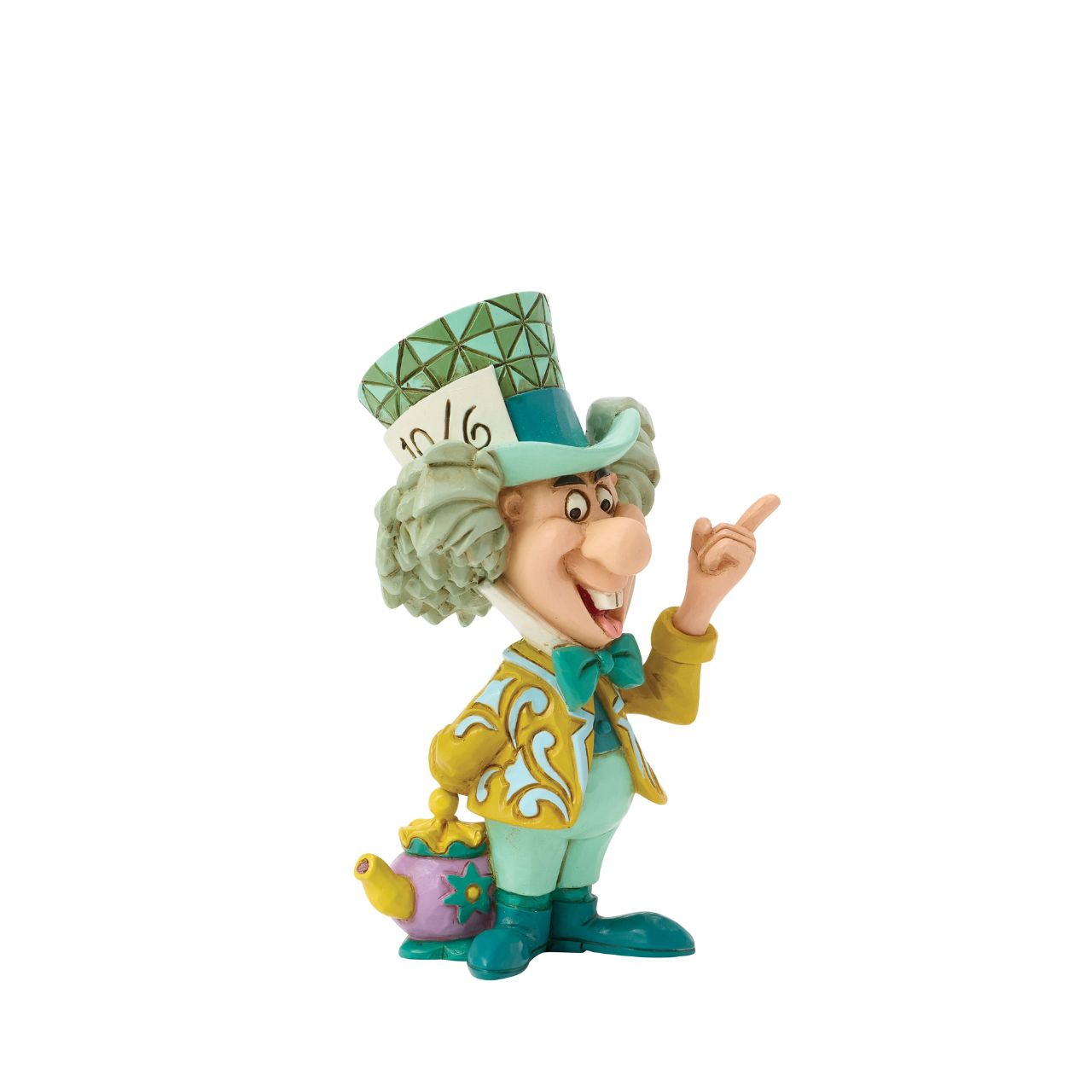The Mad Hatter smiles toothily in this quirky Jim Shore mini, showcasing the hatter's eccentric charm and unconventional personality.