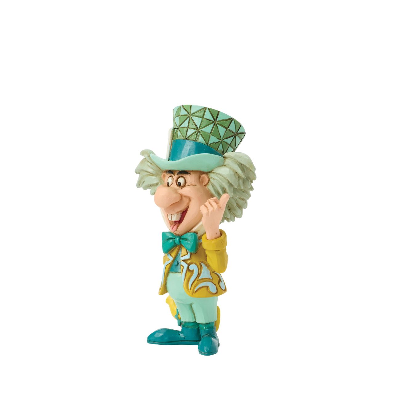 The Mad Hatter smiles toothily in this quirky Jim Shore mini, showcasing the hatter's eccentric charm and unconventional personality.
