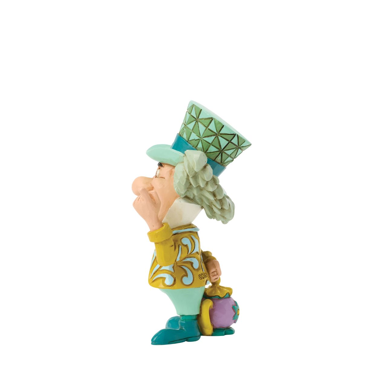 The Mad Hatter smiles toothily in this quirky Jim Shore mini, showcasing the hatter's eccentric charm and unconventional personality.