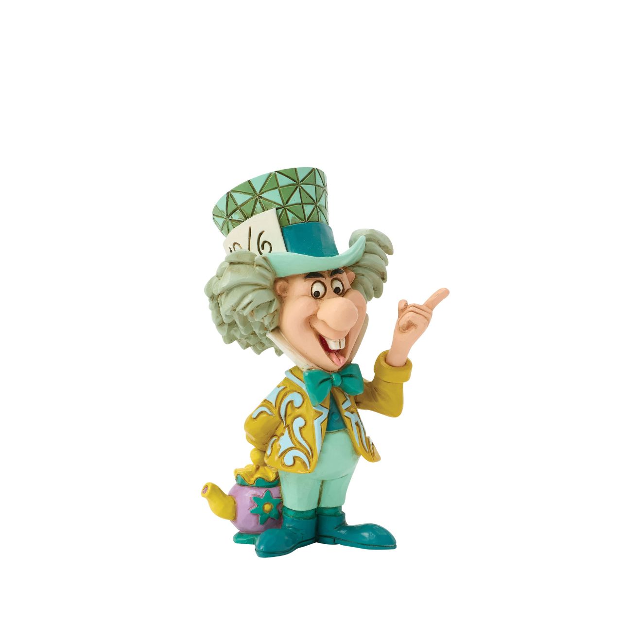 The Mad Hatter smiles toothily in this quirky Jim Shore mini, showcasing the hatter's eccentric charm and unconventional personality.