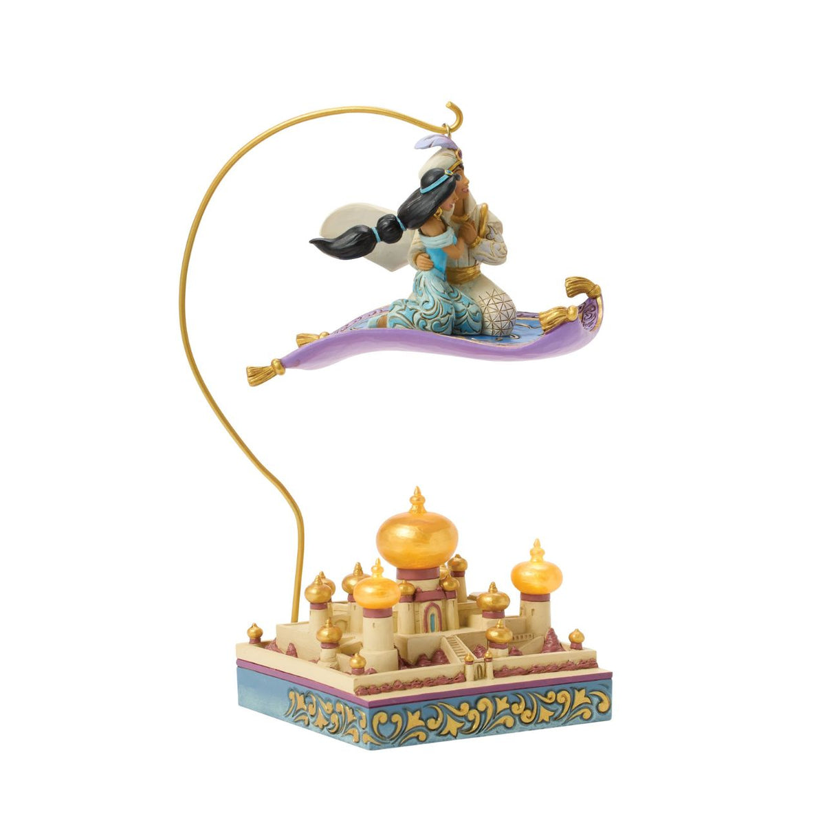 Aladdin and Jasmine soar above Agrabah on the magic carpet in this breath-taking Jim Shore scene. With an LED palace glowing below them, the pair captures the romance and wonder of Disney's unforgettable adventure.