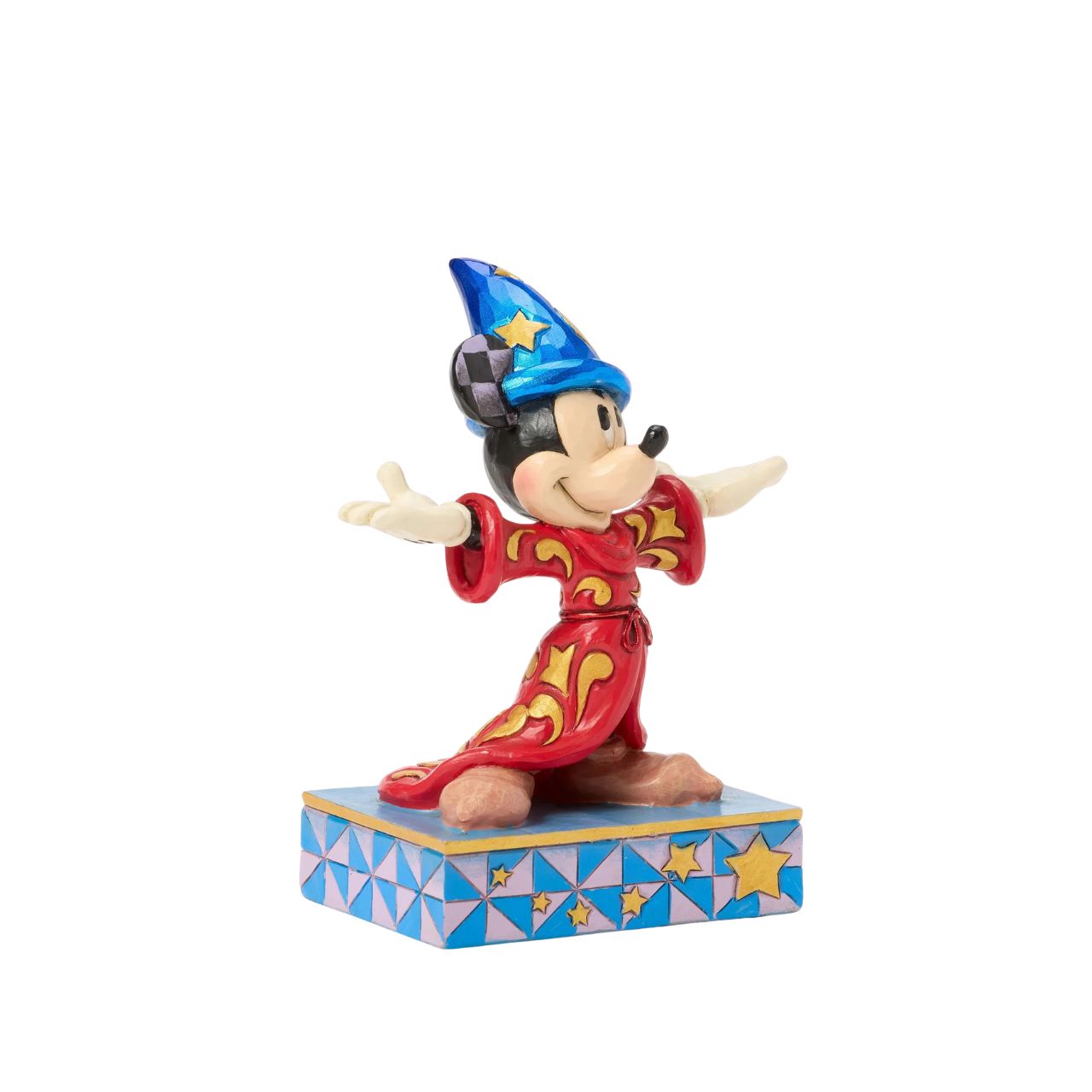 Celebrating the 85th anniversary of Fantasia in 2025, this Jim Shore Mickey Mouse is striking in red robes adorned with real gold cord and intricate rosemaling. With his sorcerer's hat, Mickey embodies the magic and wonder of the beloved classic.