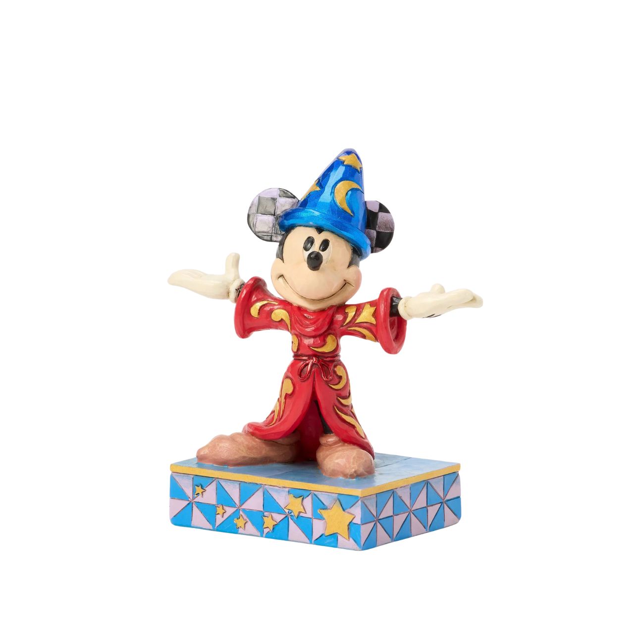 Celebrating the 85th anniversary of Fantasia in 2025, this Jim Shore Mickey Mouse is striking in red robes adorned with real gold cord and intricate rosemaling. With his sorcerer's hat, Mickey embodies the magic and wonder of the beloved classic.