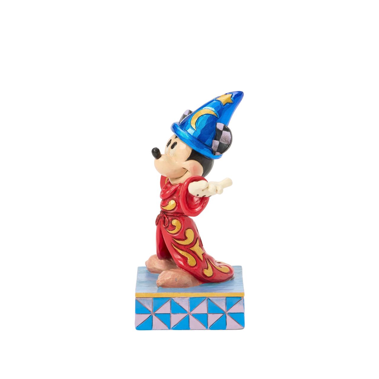 Celebrating the 85th anniversary of Fantasia in 2025, this Jim Shore Mickey Mouse is striking in red robes adorned with real gold cord and intricate rosemaling. With his sorcerer's hat, Mickey embodies the magic and wonder of the beloved classic.