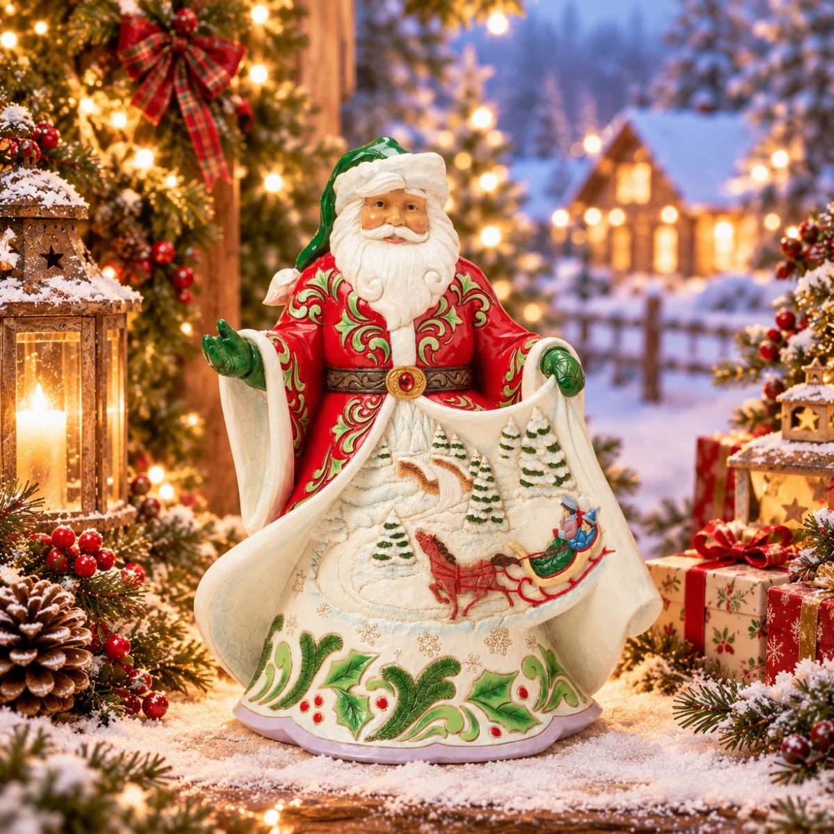This Jim Shore musical Santa showcases the artist's signature rosemaling on a beautifully detailed coat that opens to reveal a cosy winter scene of a horse-drawn sleigh gliding through the snow while playing Over the River.