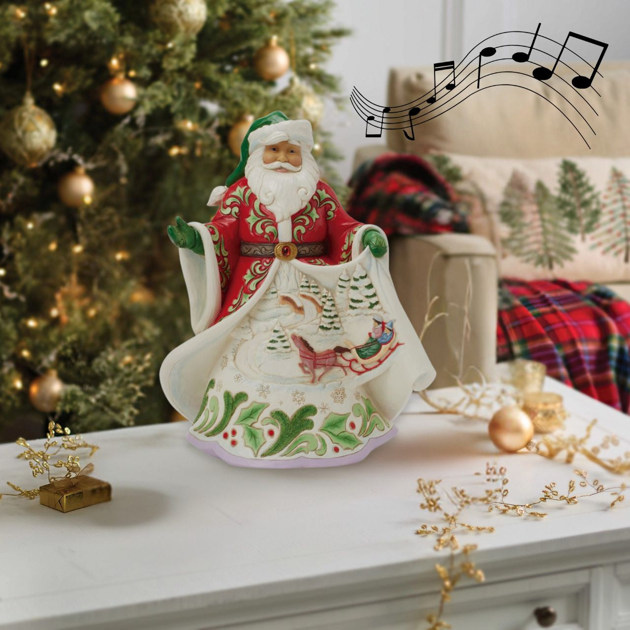 This Jim Shore musical Santa showcases the artist's signature rosemaling on a beautifully detailed coat that opens to reveal a cosy winter scene of a horse-drawn sleigh gliding through the snow while playing Over the River.