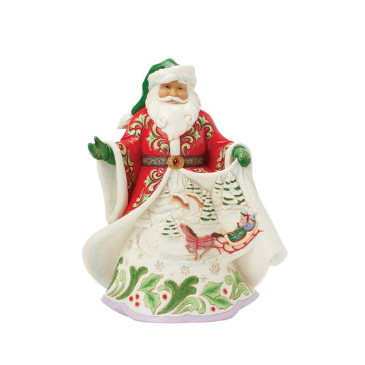 This Jim Shore musical Santa showcases the artist's signature rosemaling on a beautifully detailed coat that opens to reveal a cosy winter scene of a horse-drawn sleigh gliding through the snow while playing Over the River.