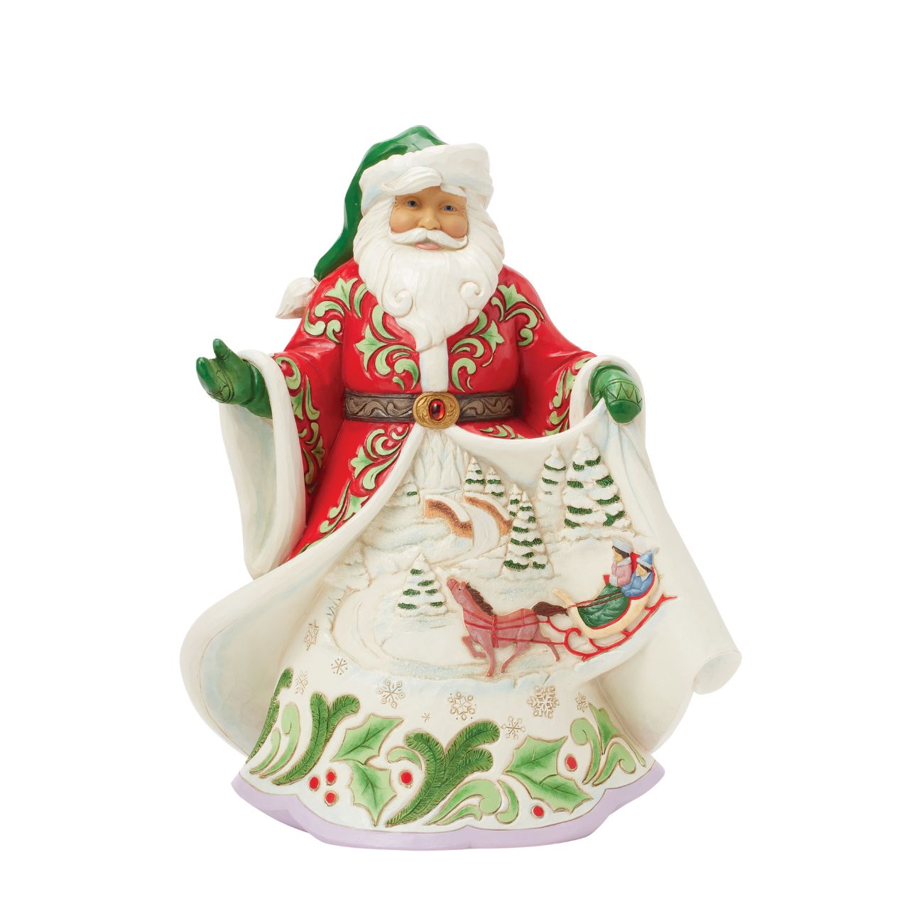 This Jim Shore First Edition Santa showcases the artist's signature rosemaling on a beautifully detailed coat that opens to reveal a cosy winter scene of a horse-drawn sleigh gliding through the snow while playing Over the River. Each piece is signed by Jim Shore on a special under stamp and numbered 1-1000 worldwide.