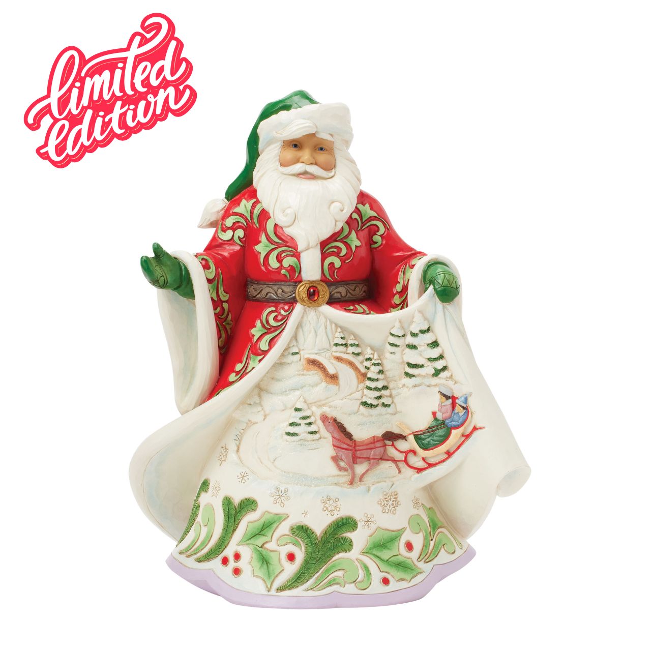 This Jim Shore First Edition Santa showcases the artist's signature rosemaling on a beautifully detailed coat that opens to reveal a cosy winter scene of a horse-drawn sleigh gliding through the snow while playing Over the River. Each piece is signed by Jim Shore on a special under stamp and numbered 1-1000 worldwide.