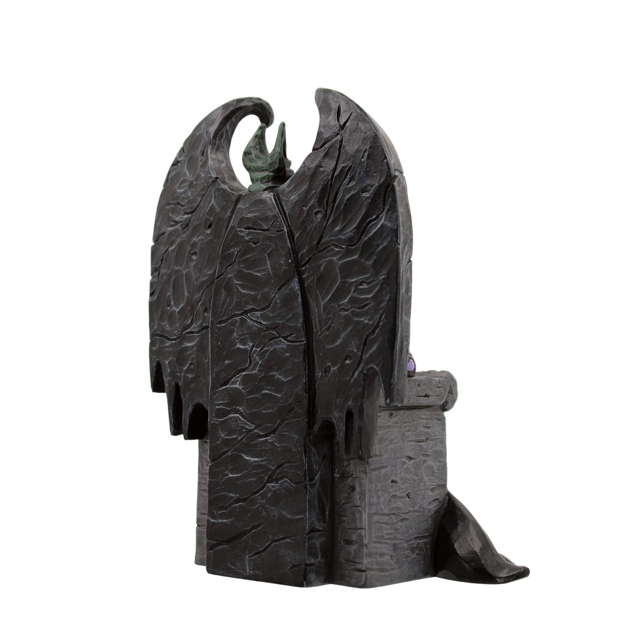 Maleficent sits atop her throne with her raven, Diavel. Dressed in her signature black with horned headdress, she is every piece the iconic villain from Sleeping Beauty. Designed by Jim Shore for his Disney Traditions collection.