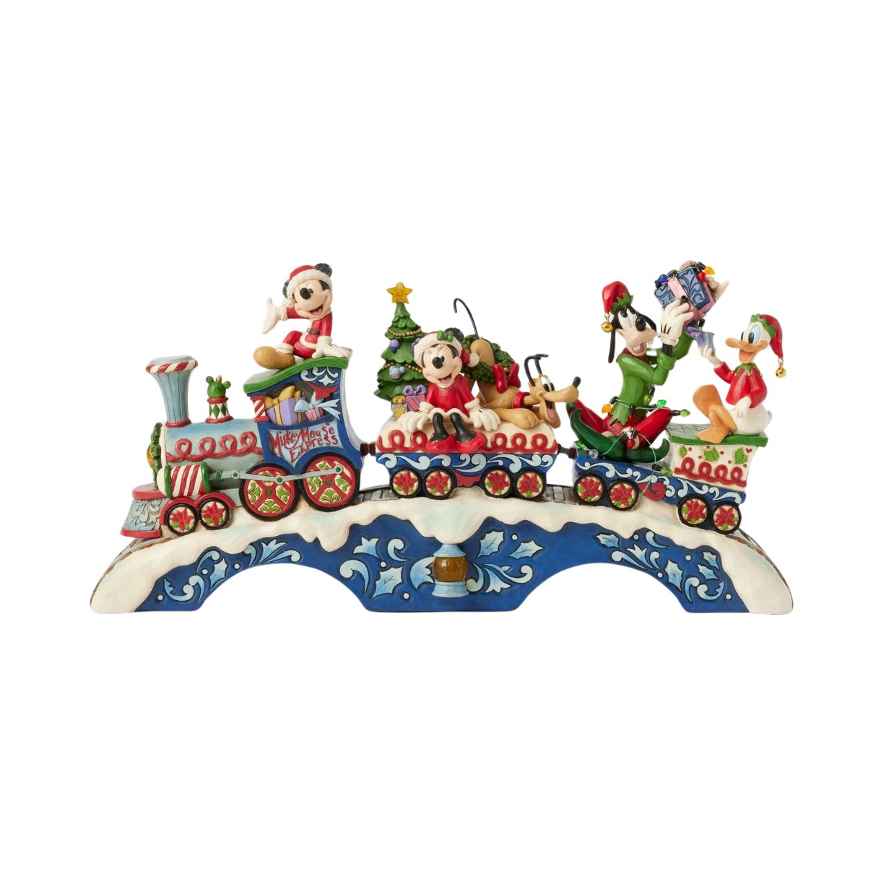 This fantastic Jim Shore Mickey Mouse Express chugs along a snowy track, bringing festive cheer as it lights up and plays eight beloved Christmas tunes. With intricate details, the train showcases Mickey and his friends, trees, gifts, and lights.