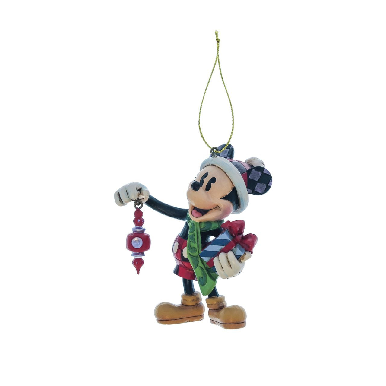Mickey Mouse hanging ornament with a Christmas gift as part of the Disney Traditions by Jim Shore collection. Perfect for any Christmas Tree.