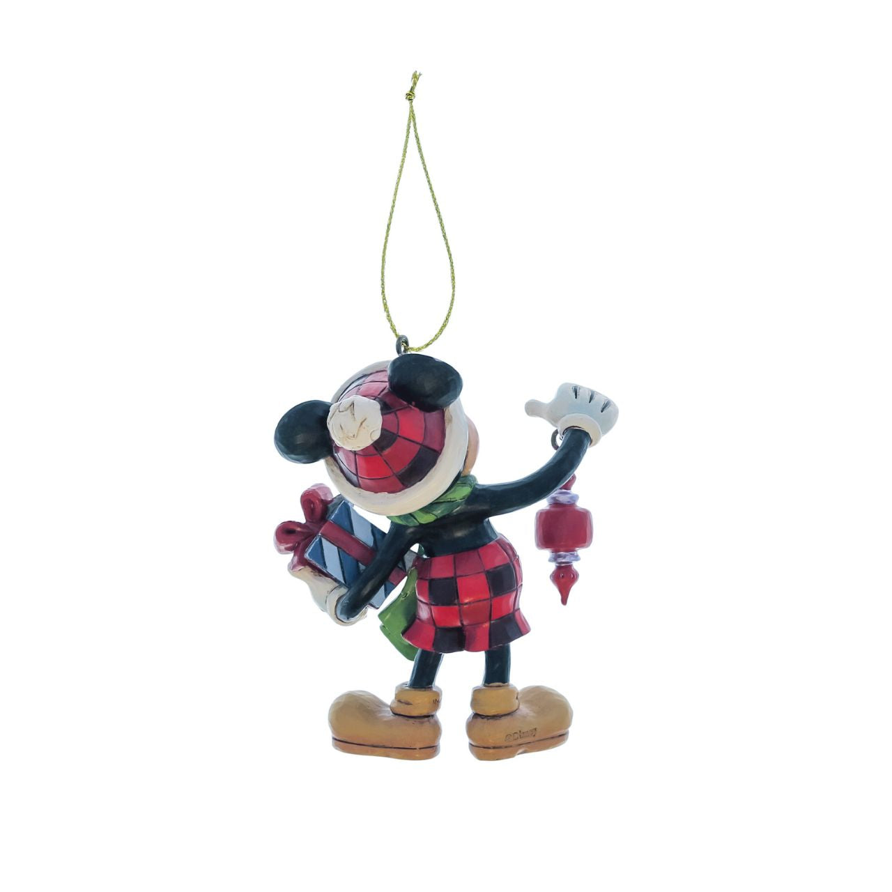 Mickey Mouse hanging ornament with a Christmas gift as part of the Disney Traditions by Jim Shore collection. Perfect for any Christmas Tree.