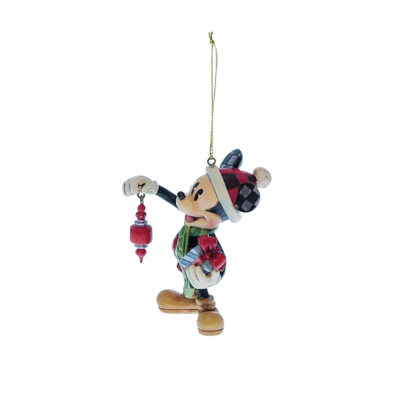 Mickey Mouse hanging ornament with a Christmas gift as part of the Disney Traditions by Jim Shore collection. Perfect for any Christmas Tree.