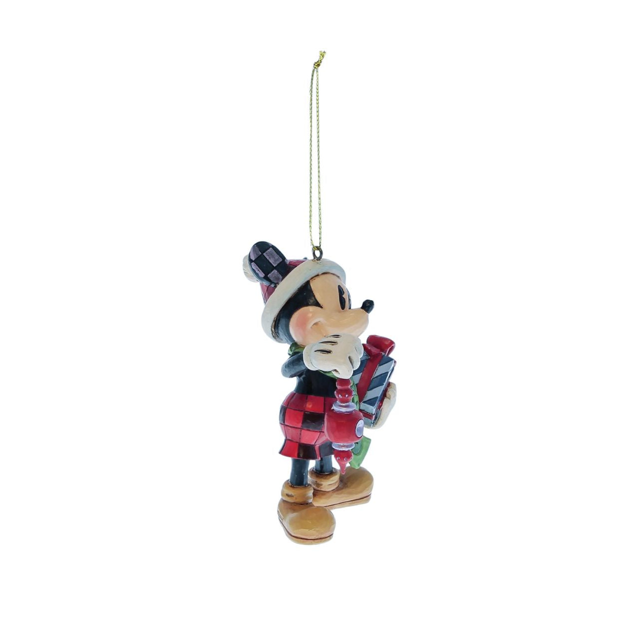 Mickey Mouse hanging ornament with a Christmas gift as part of the Disney Traditions by Jim Shore collection. Perfect for any Christmas Tree.