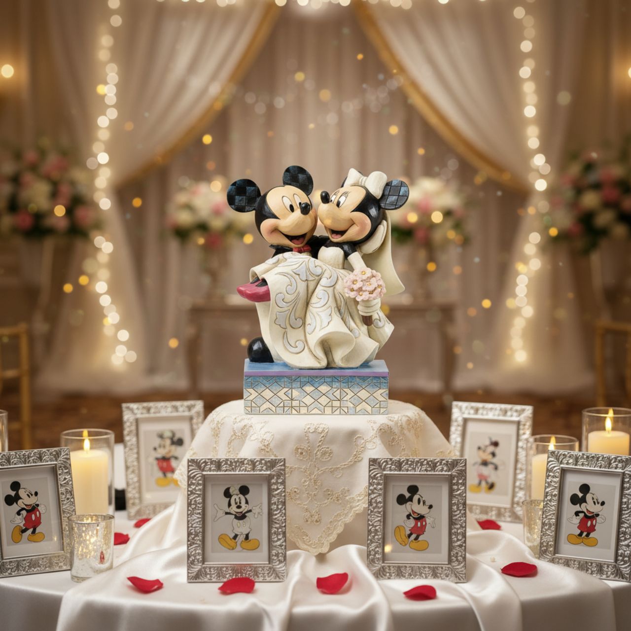 Celebrate love and togetherness with this exquisite Mickey and Minnie Wedding figurine from Disney Traditions. Crafted by renowned artist Jim Shore, this collectible piece showcases his signature sculptural artistry and attention to detail.