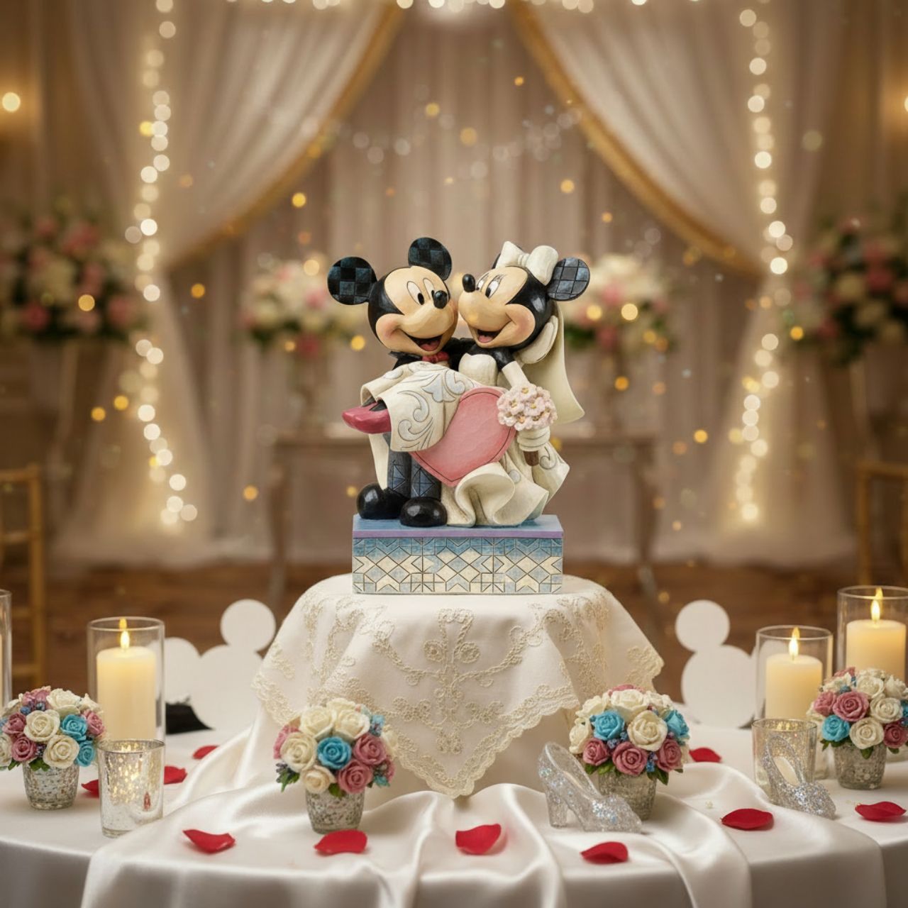 Celebrate love and togetherness with this exquisite Mickey and Minnie Wedding figurine from Disney Traditions. Crafted by renowned artist Jim Shore, this collectible piece showcases his signature sculptural artistry and attention to detail.