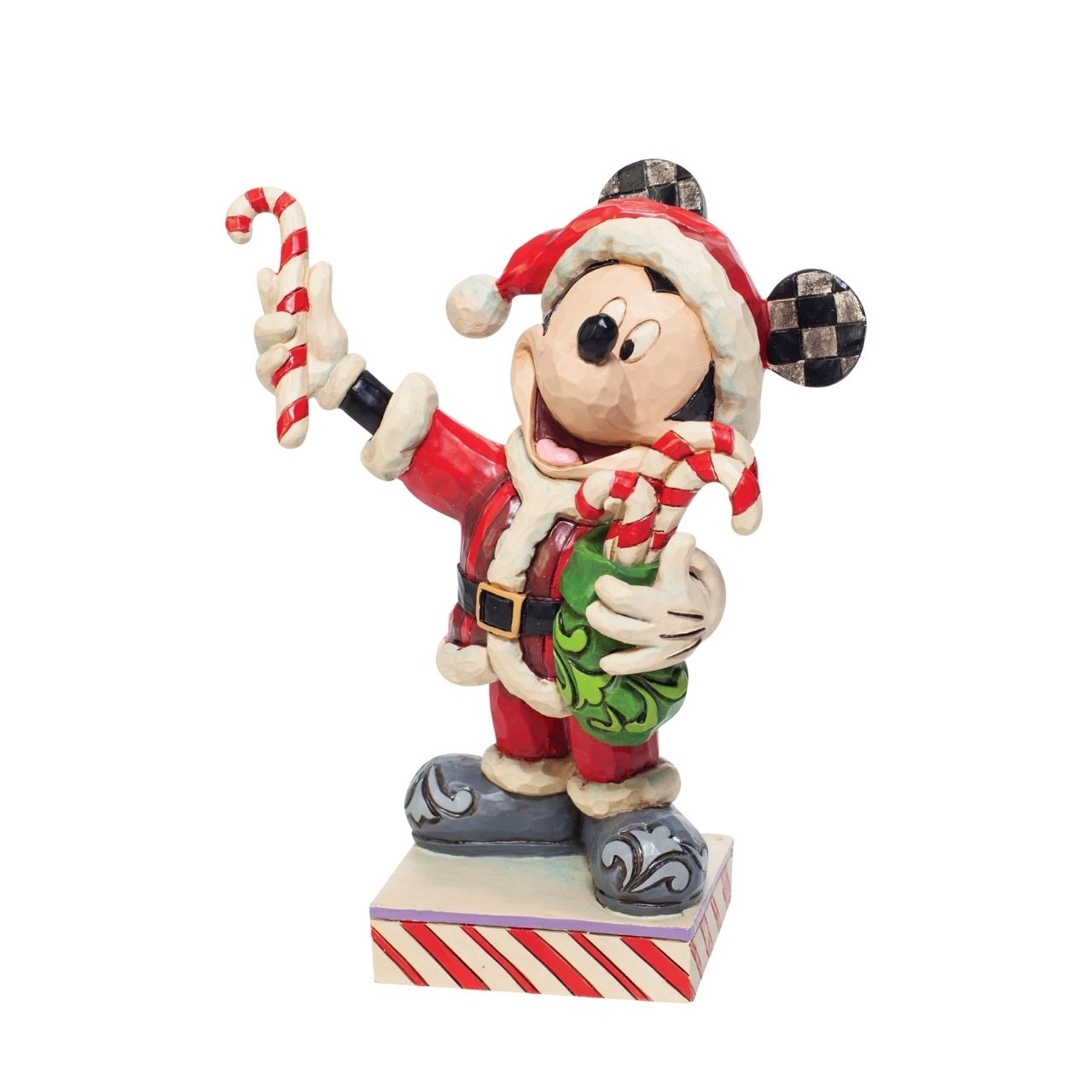 Disney Mickey Mouse with Candy Canes Figurine  Dressed in a Santa suit, Mickey masquerades as the holiday titan. Delivering candy canes to all the nice people he knows, he brings the spirit of Christmas wherever he goes. Celebrate the most wonderful time of the year with Disney by Jim Shore.