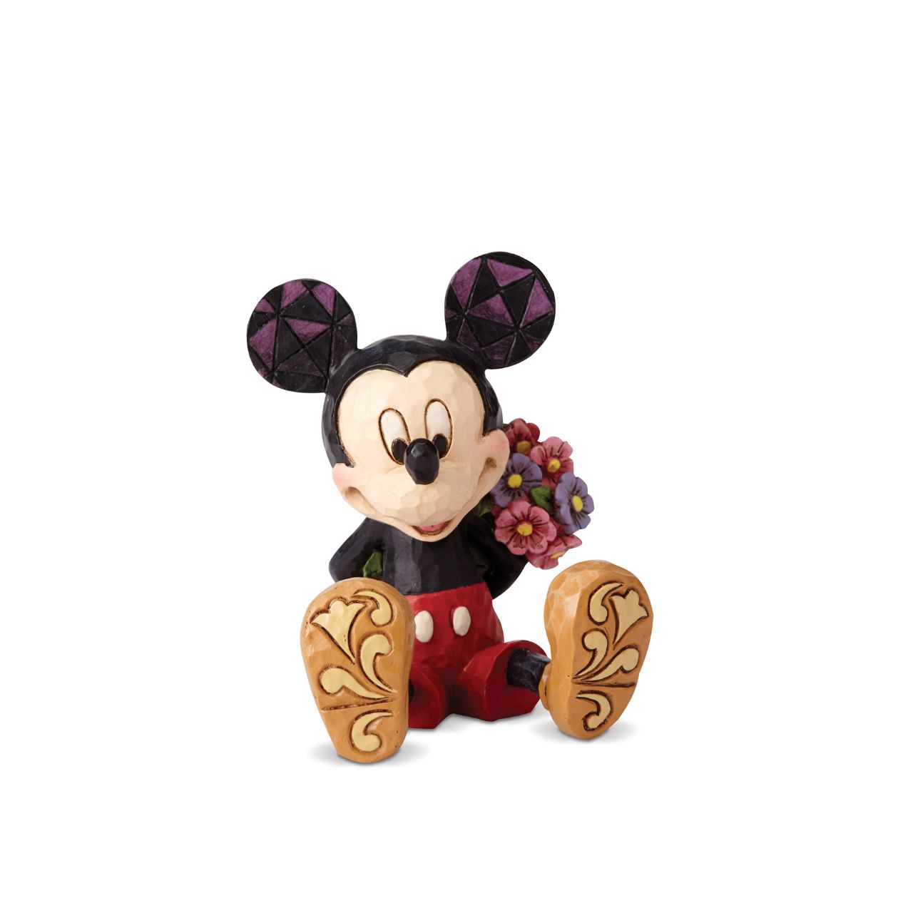 Beautifully handcrafted and delightfully decorated in time-honoured folk art motifs, Jim Shore's charming miniatures capture the essence of beloved Disney characters. Mickey hides a bouquet behind his back in this whimsical, playfully romantic scene.