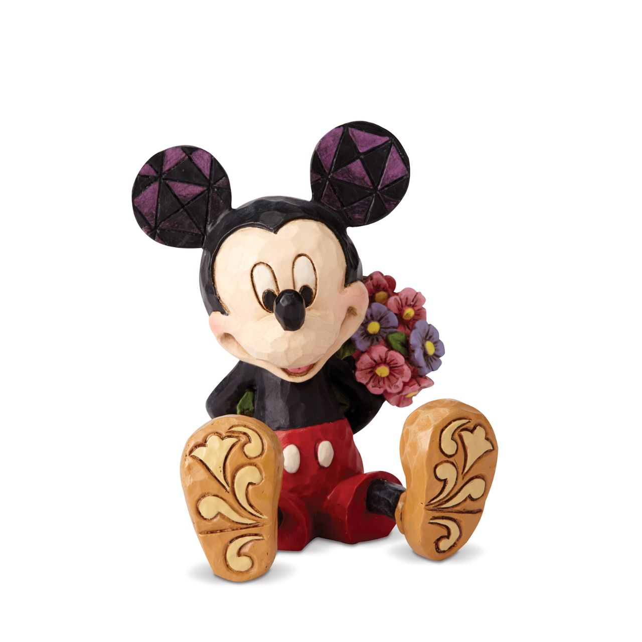 Mickey Mouse with Flowers by Jim Shore  Beautifully handcrafted and delightfully decorated in time-honoured folk art motifs, Jim Shore's charming miniatures capture the essence of beloved Disney characters. Mickey hides a bouquet behind his back in this whimsical, playfully romantic scene.