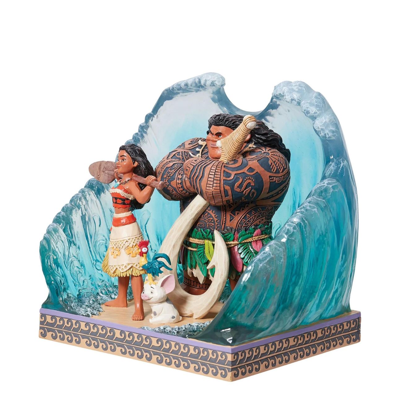 Moana Movie Poster Movie Scene  This powerful carved by heart captures the essence of the 2016 Disney film Moana, featuring herself, Maui, Hei Hei the Rooster and Pua the Pig. Designed by award winning artist Jim Shore, hand crafted using high quality cast stone and hand painted.