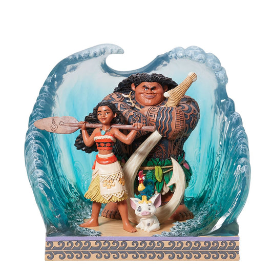 Moana Movie Poster Movie Scene  This powerful carved by heart captures the essence of the 2016 Disney film Moana, featuring herself, Maui, Hei Hei the Rooster and Pua the Pig. Designed by award winning artist Jim Shore, hand crafted using high quality cast stone and hand painted.