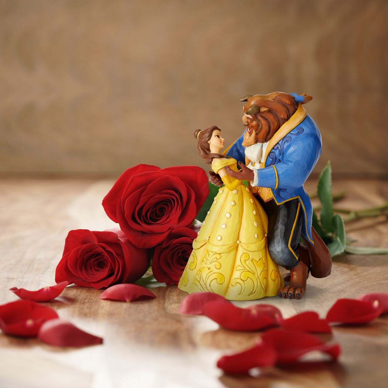 Jim Shore celebrates the 25th anniversary of the Disney classic film Beauty and The Beast with this enchanting double figurine inspired by the romantic ballroom scene when Belle and her suitor discover their love is a tale as old as time.