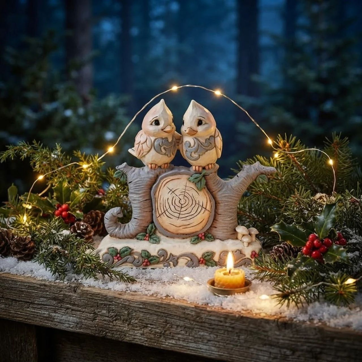 This charming Jim Shore design features two birds perched atop logs shaped into the word "Joy," embodying the spirit of love. Adorned with intricate rosemaling and surrounded by forest flowers, the piece captures the warmth of togetherness.