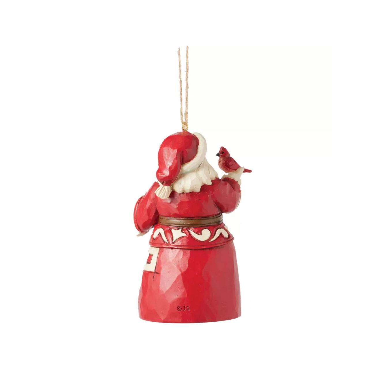 This charming Nordic Noel Jim Shore ornament features Santa holding a vibrant cardinal, embodying the joy of the season. His coat showcases the artist's iconic patchwork patterning and delicate rosemaling, adding a delightful touch of artistry to your tree.