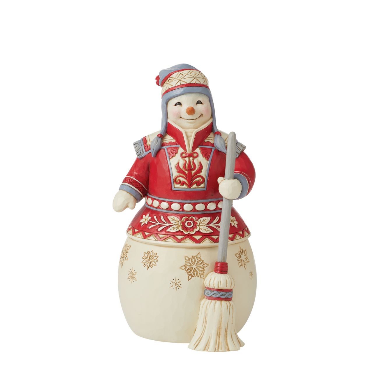 Nordic Noel Snowman Figurine  The Nordic Noel Collection showcases a modern twist on Jim Shores whimsical designs; Contrasting red and white colours in Scandinavian patterns, turkey red and Danish architectural trim.