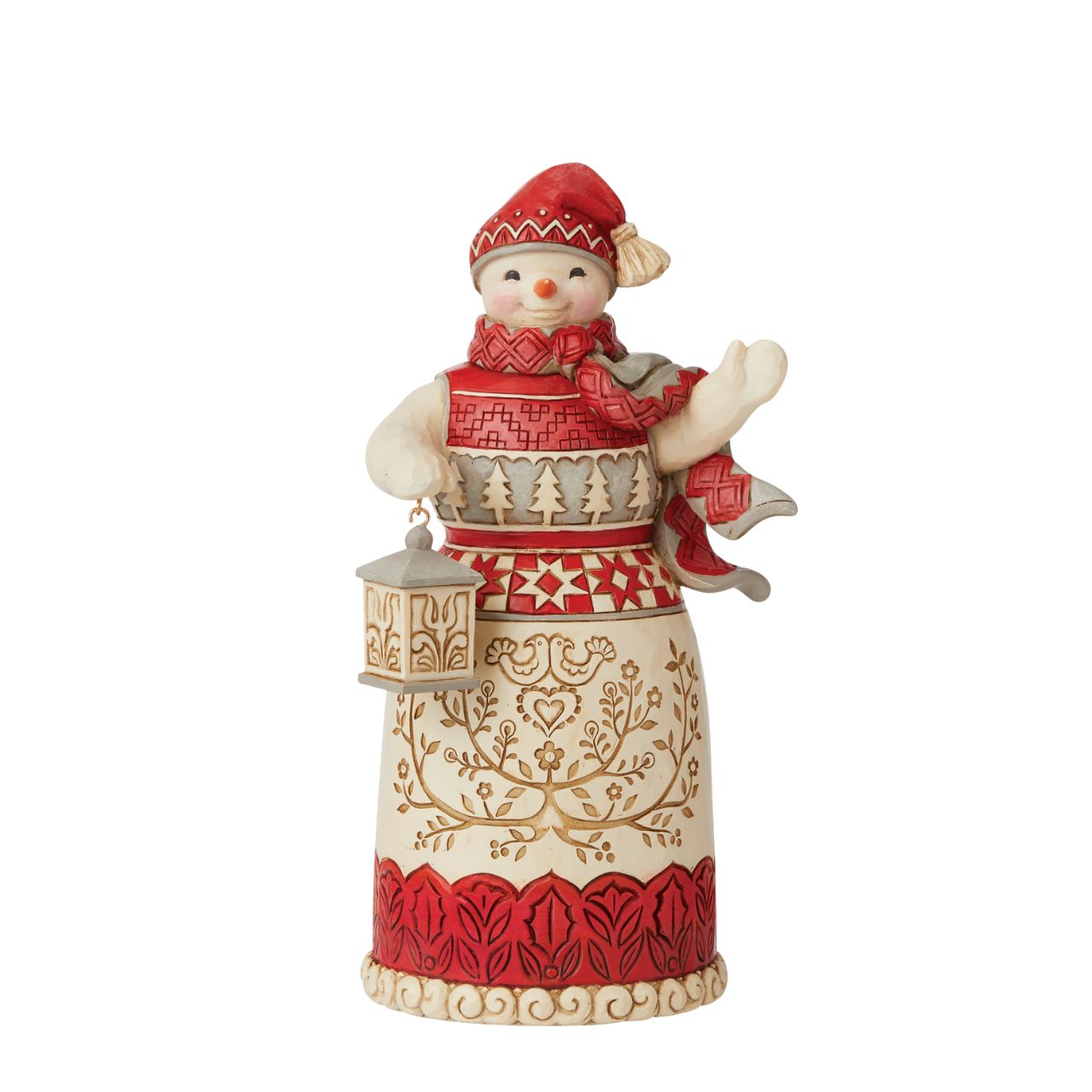 Jim Shore Heartwood Creek Nordic Noel Snowman with Lantern Figurine  Inspired by Scandinavian folk art traditions, this Jim Shore Nordic Snowman lights the way to Noel. Holding a lantern in hand, this exceptionally crafted snowman bears a robe of pattern and interlacing detail.