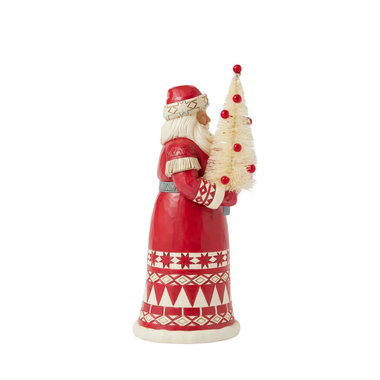 This charming Jim Shore Nordic Noel ornament features Santa holding a vibrant cardinal, embodying the joy of the season. His coat showcases the artist's iconic patchwork patterning and delicate rosemaling, adding a delightful touch of artistry to your tree.