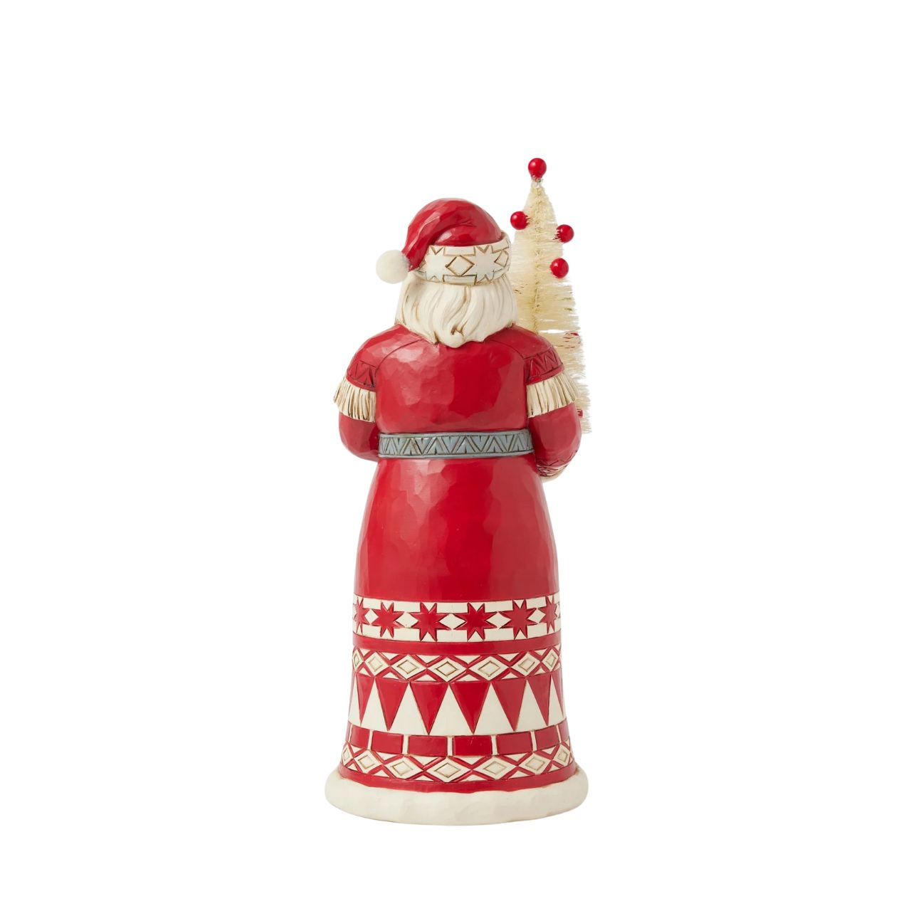 This charming Jim Shore Nordic Noel ornament features Santa holding a vibrant cardinal, embodying the joy of the season. His coat showcases the artist's iconic patchwork patterning and delicate rosemaling, adding a delightful touch of artistry to your tree.