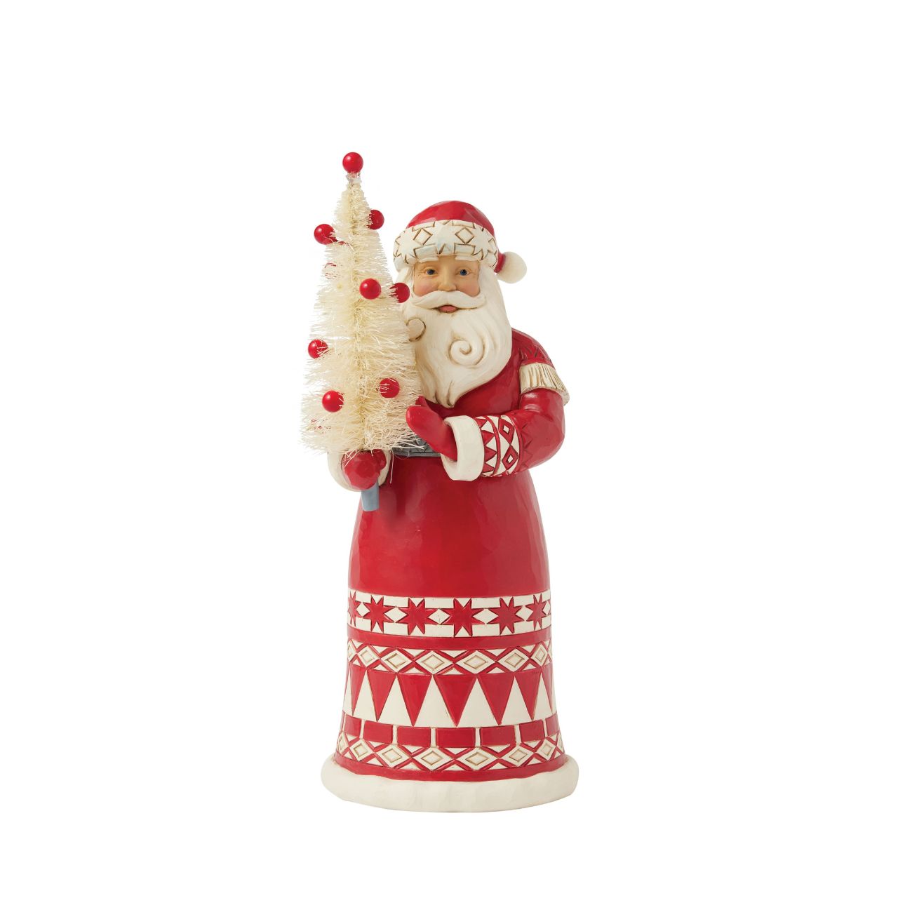 This charming Jim Shore Nordic Noel ornament features Santa holding a vibrant cardinal, embodying the joy of the season. His coat showcases the artist's iconic patchwork patterning and delicate rosemaling, adding a delightful touch of artistry to your tree.