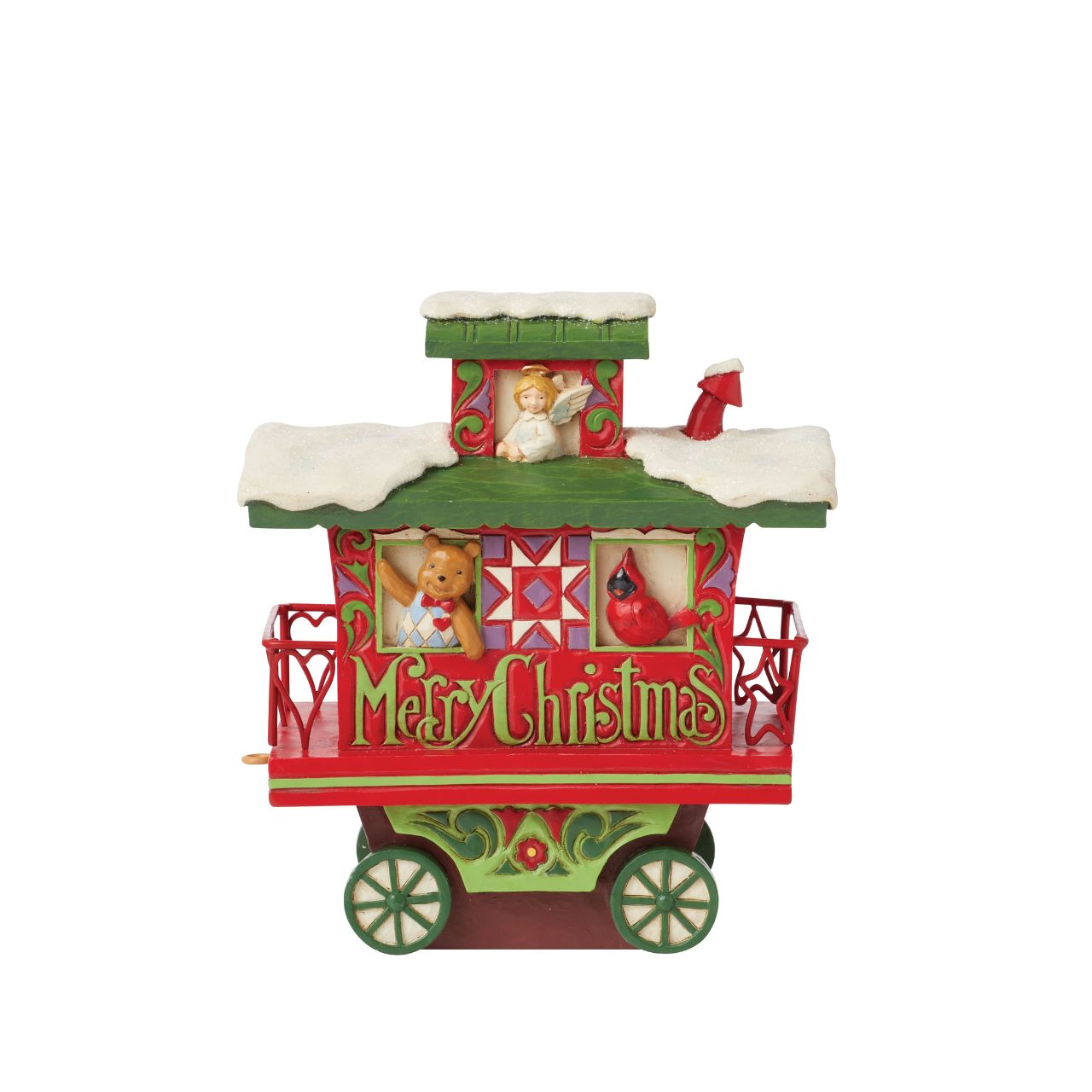 This train is bound for the holidays. This adorable caboose features a charming Merry Christmas message and several toy passengers enjoying the ride.