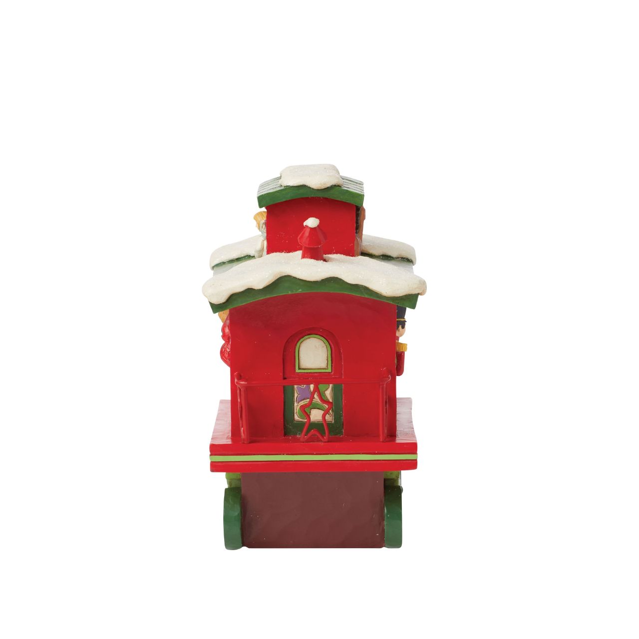 This train is bound for the holidays. This adorable caboose features a charming Merry Christmas message and several toy passengers enjoying the ride.