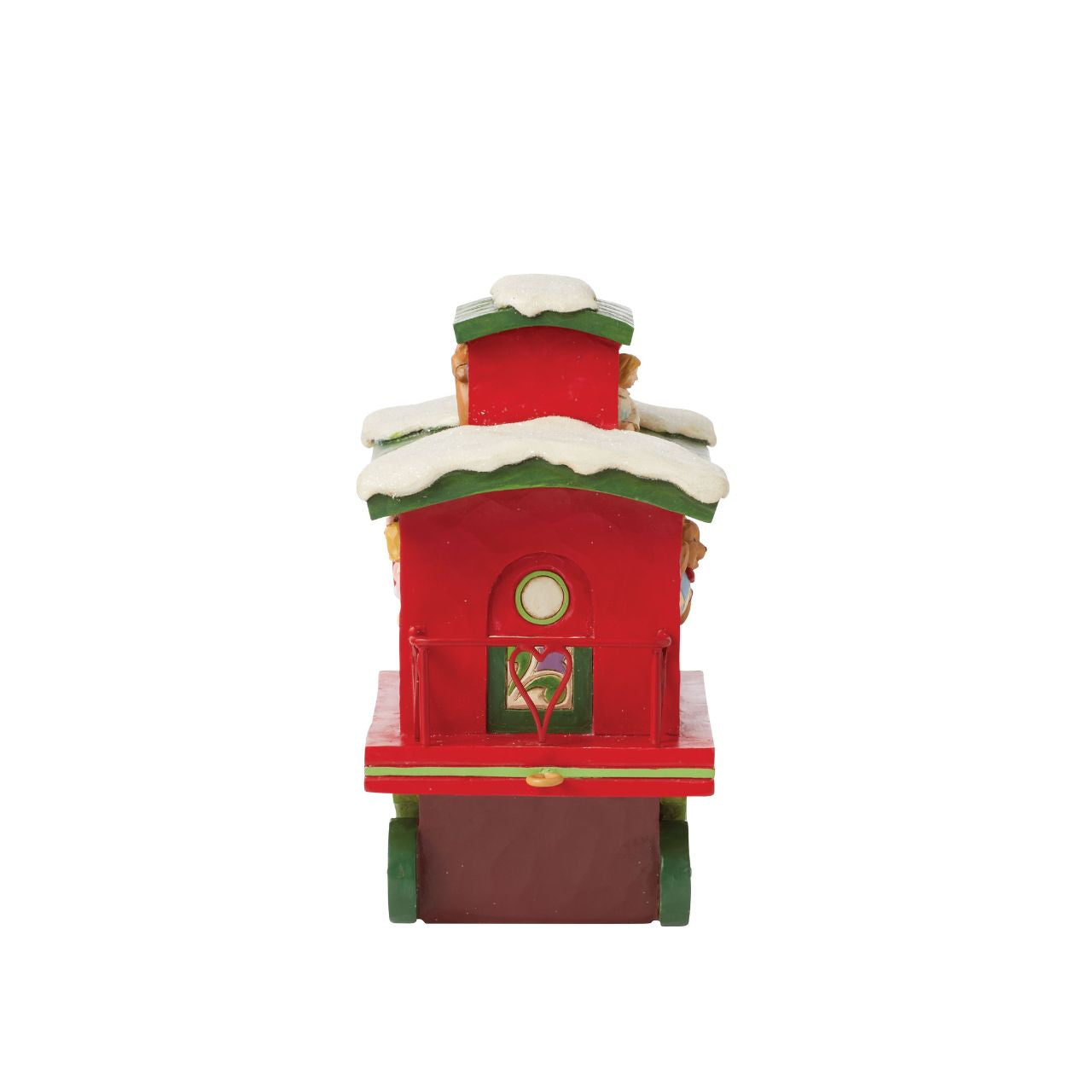 This train is bound for the holidays. This adorable caboose features a charming Merry Christmas message and several toy passengers enjoying the ride.