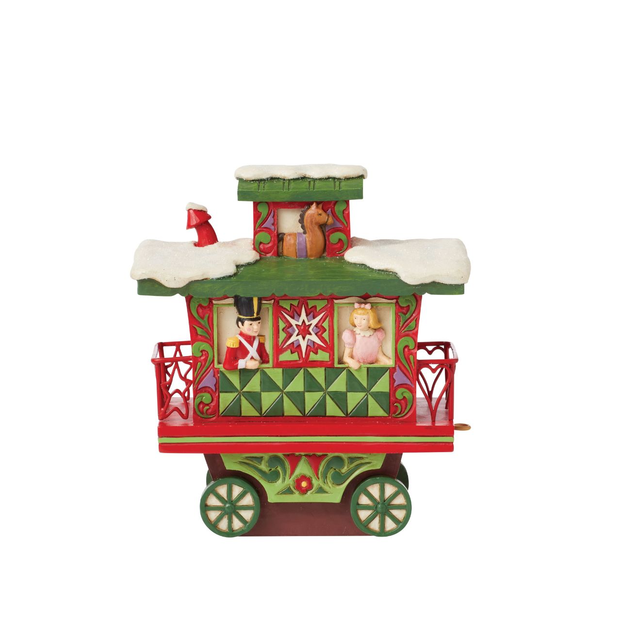 This train is bound for the holidays. This adorable caboose features a charming Merry Christmas message and several toy passengers enjoying the ride.