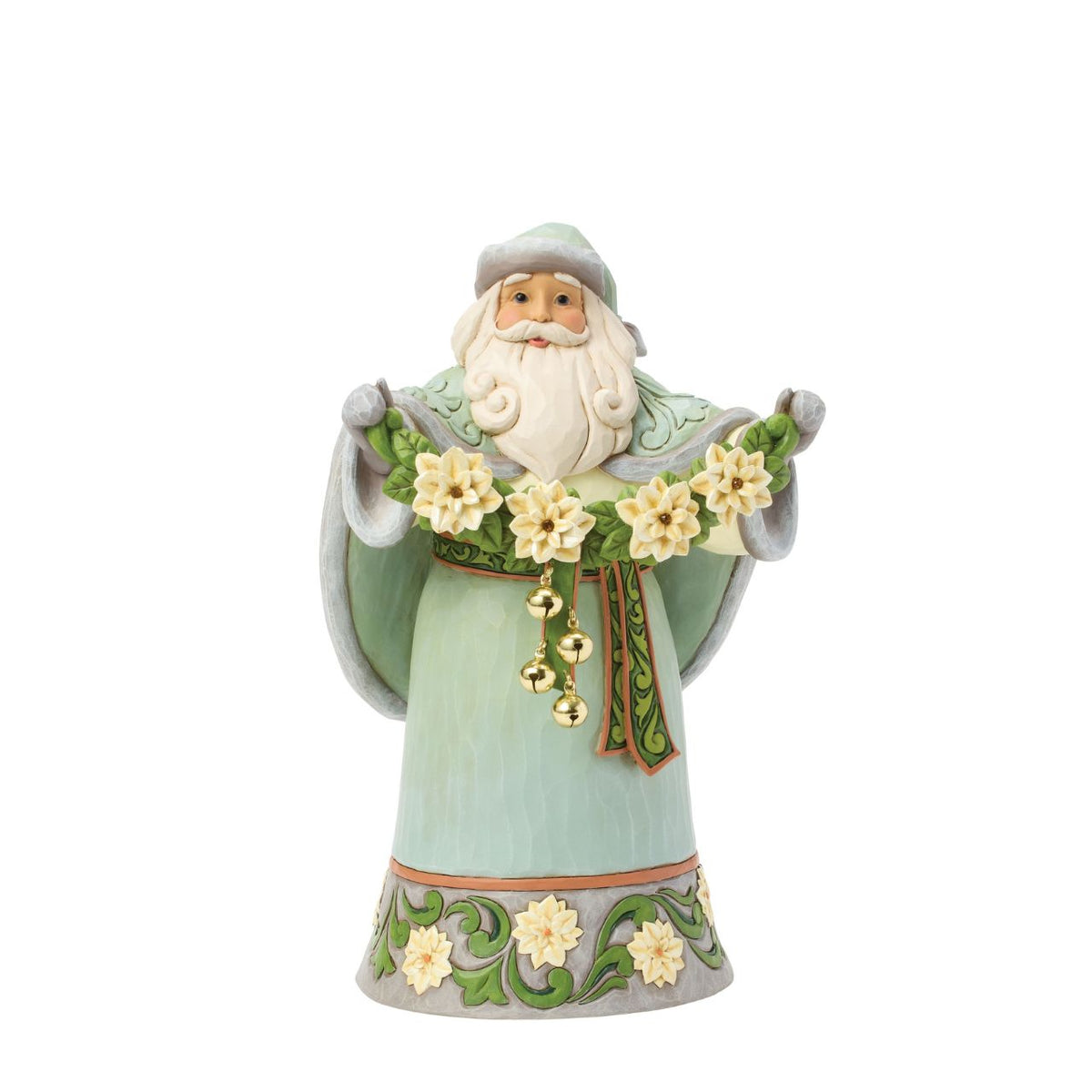 This joyful Santa is brimming with holiday cheer and jingle bells. Jim Shore's signature rosemaling patterns and rich colours bring depth and warmth to his festive coat. A charming way to ring in the magic of Christmas with every glance.