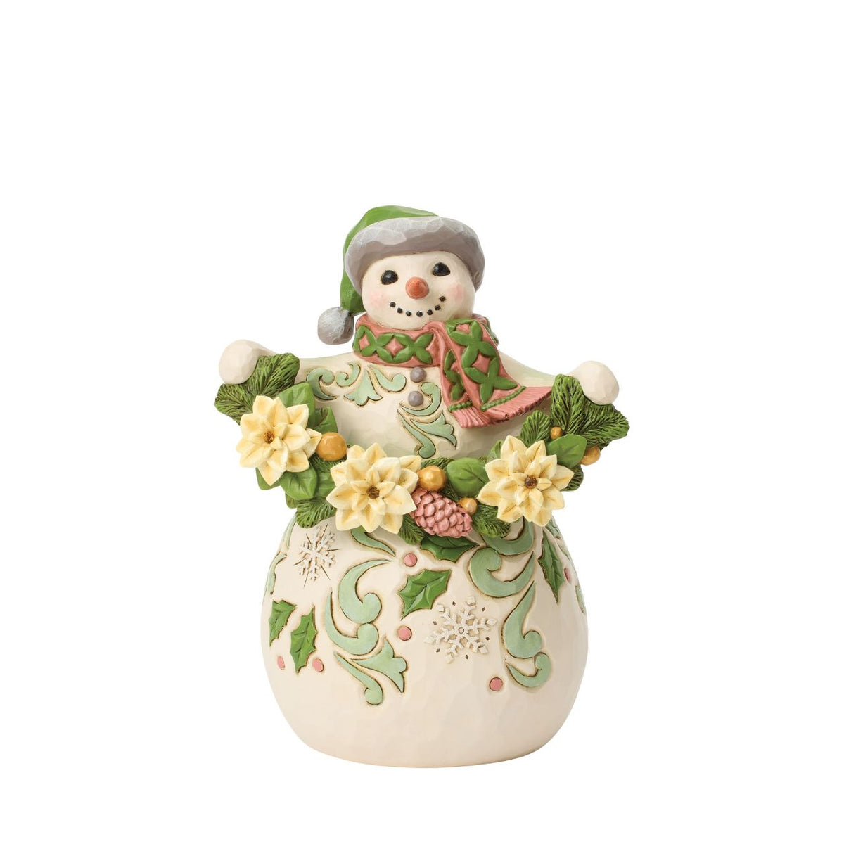 With a garland of pristine poinsettias draped in his snowy arms, this snowman radiates winter elegance. Jim Shore's hand-painted details and folk-art patterns turn this simple snowman into a heartfelt holiday scene, feeling like a frosty hug.