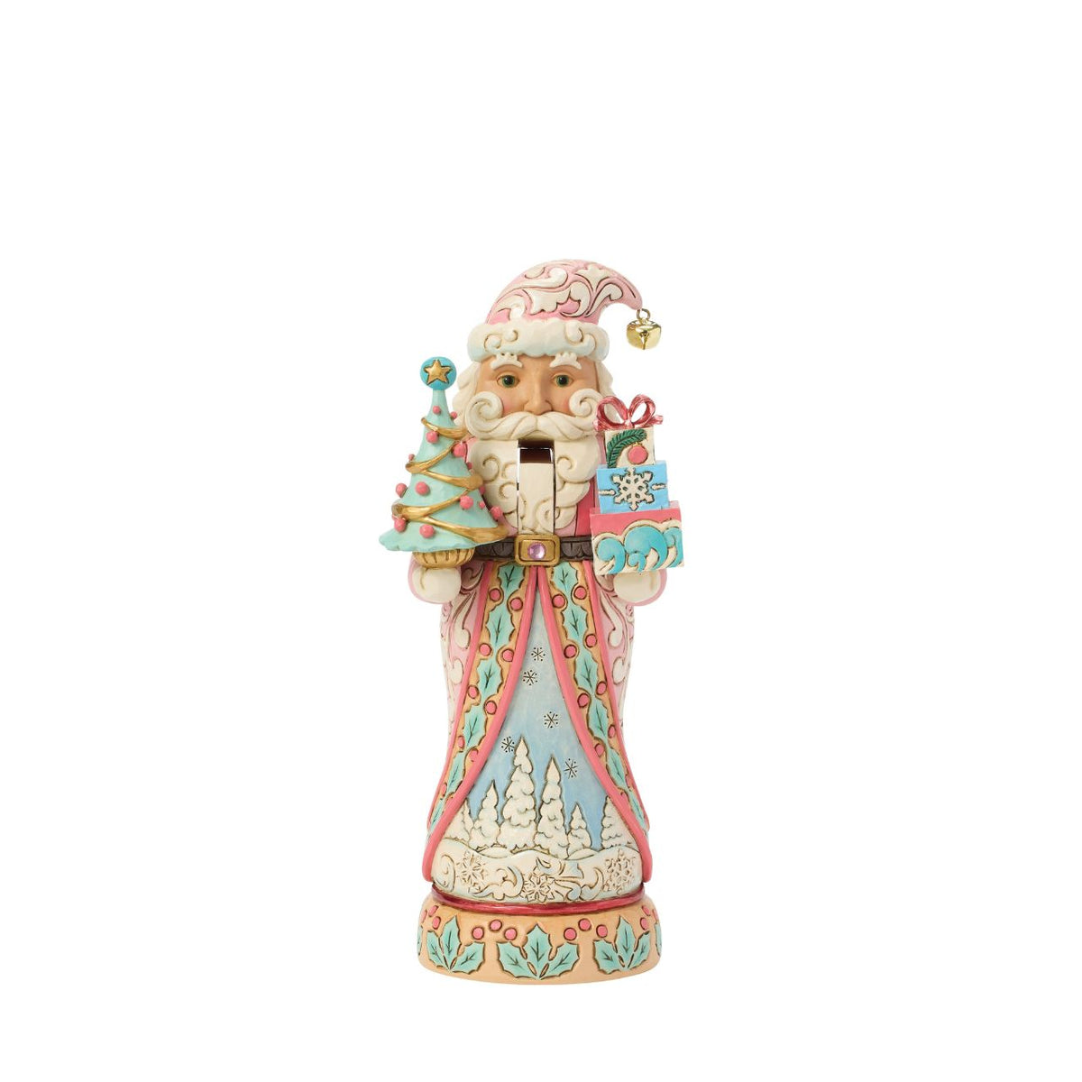 This sweet Santa nutcracker wears soft sherbet tones, blending candy-coloured charm with timeless holiday magic. Jim Shore's detailed rosemaling swirls across his coat, giving a fresh and playful twist to a traditional design.