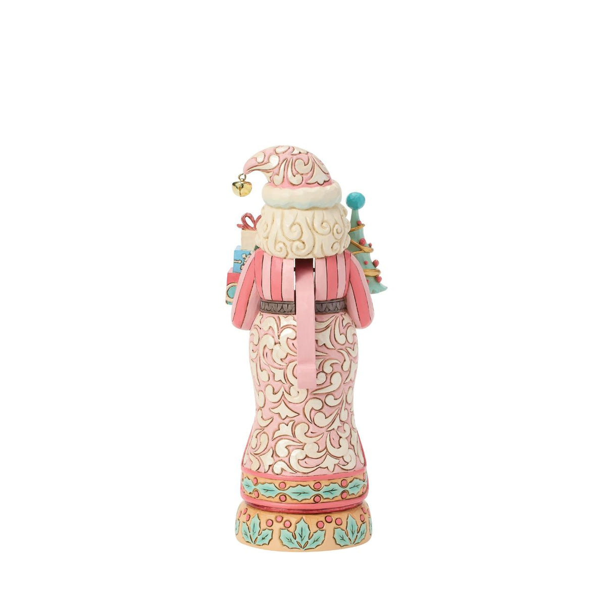 This sweet Santa nutcracker wears soft sherbet tones, blending candy-coloured charm with timeless holiday magic. Jim Shore's detailed rosemaling swirls across his coat, giving a fresh and playful twist to a traditional design.