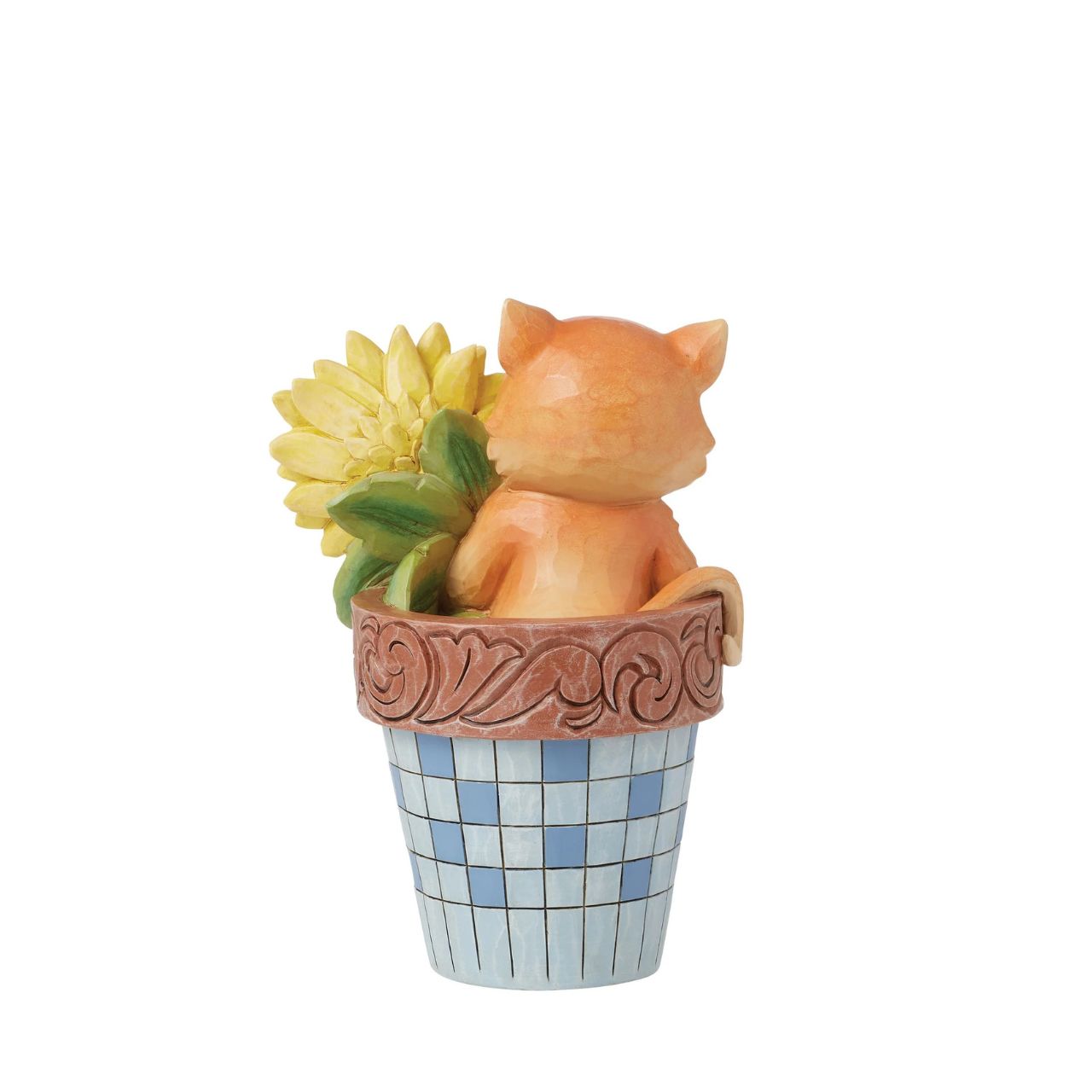 The cute scene of a cat popping out of the flowerpot is sure to make anyone smile. Hand carved and painted, this piece comes in a fully branded gift box.