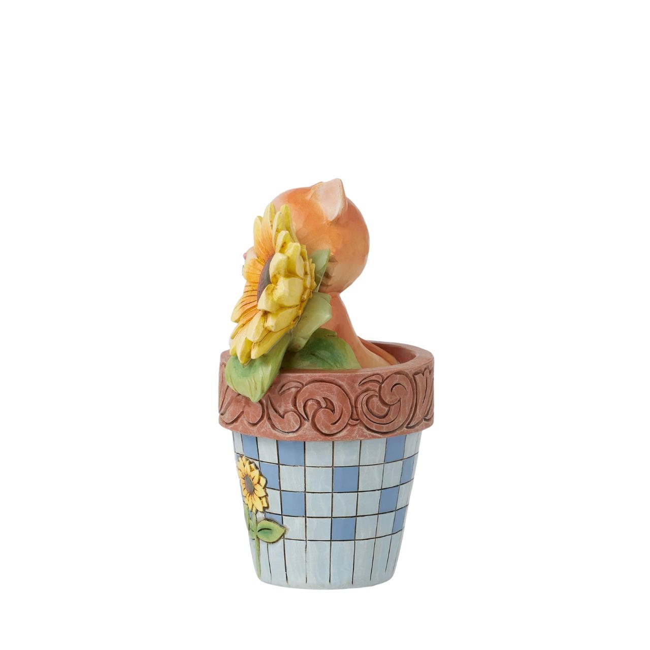 The cute scene of a cat popping out of the flowerpot is sure to make anyone smile. Hand carved and painted, this piece comes in a fully branded gift box.