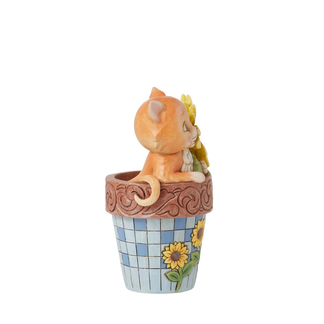 The cute scene of a cat popping out of the flowerpot is sure to make anyone smile. Hand carved and painted, this piece comes in a fully branded gift box.