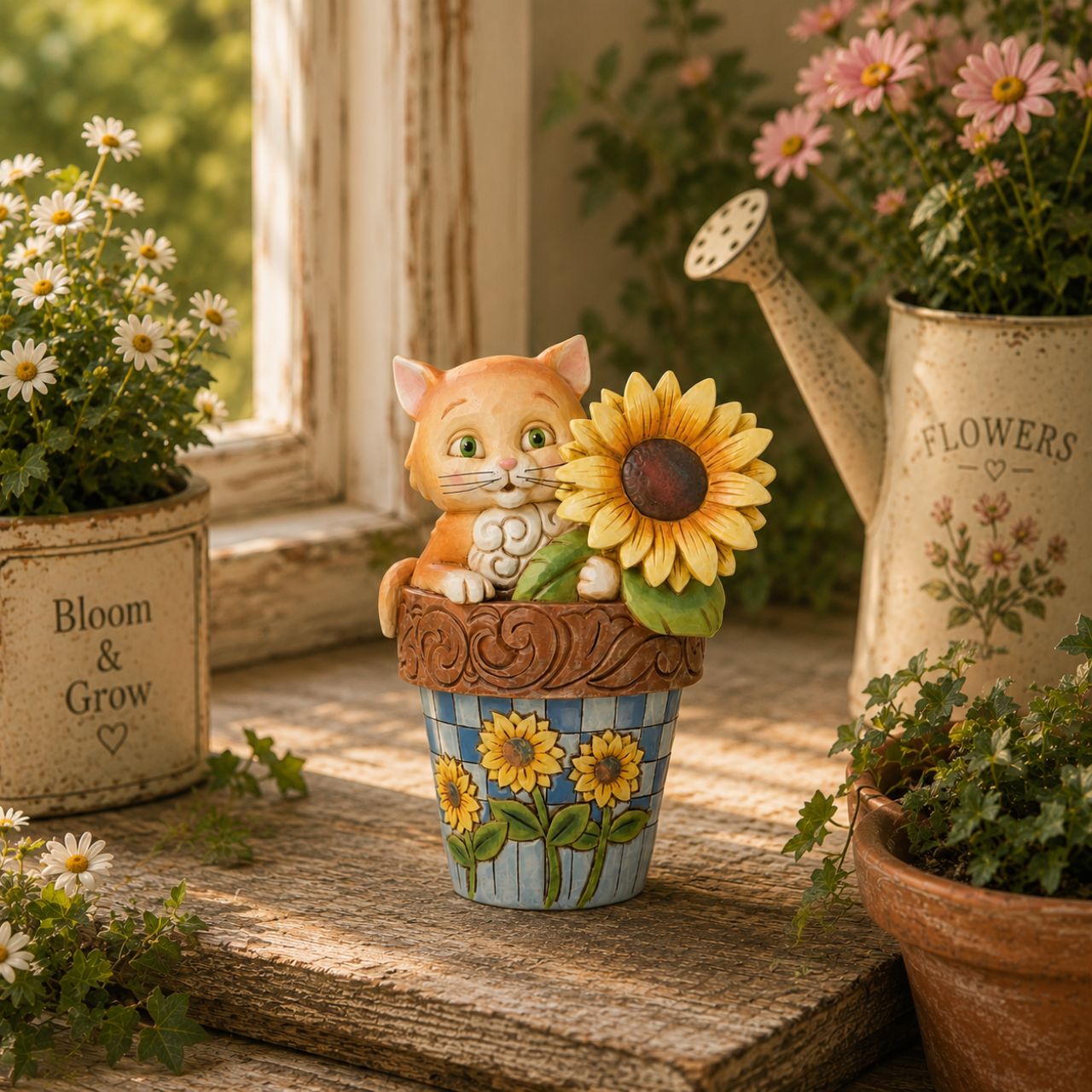 The cute scene of a cat popping out of the flowerpot is sure to make anyone smile. Hand carved and painted, this piece comes in a fully branded gift box.
