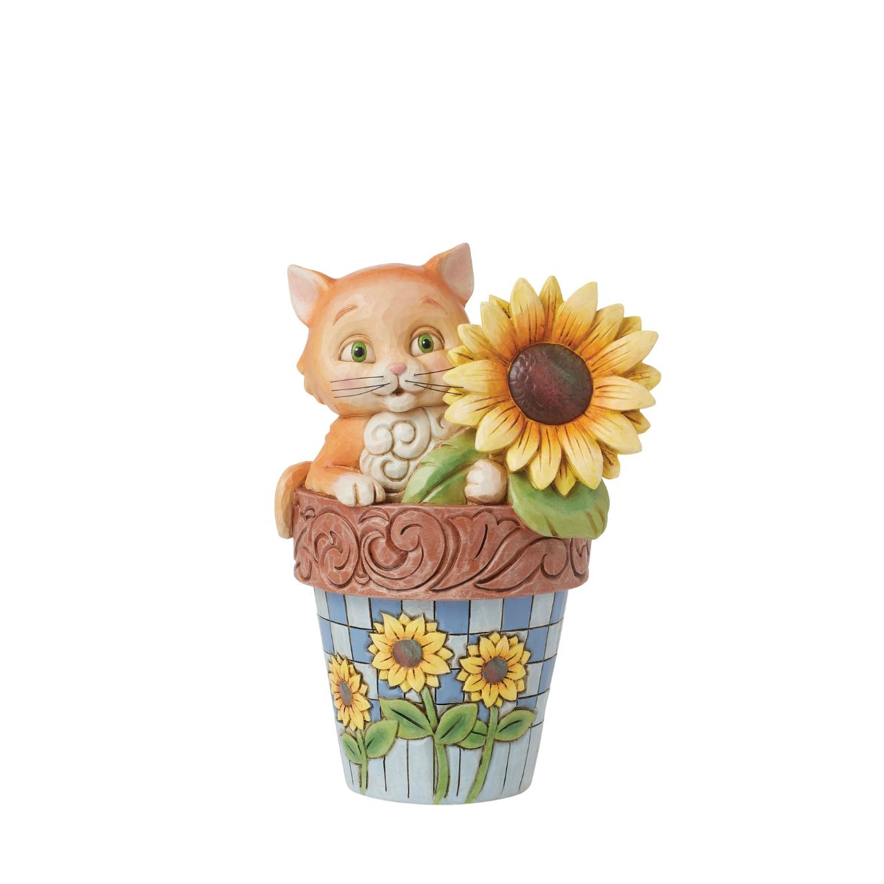 The cute scene of a cat popping out of the flowerpot is sure to make anyone smile. Hand carved and painted, this piece comes in a fully branded gift box.