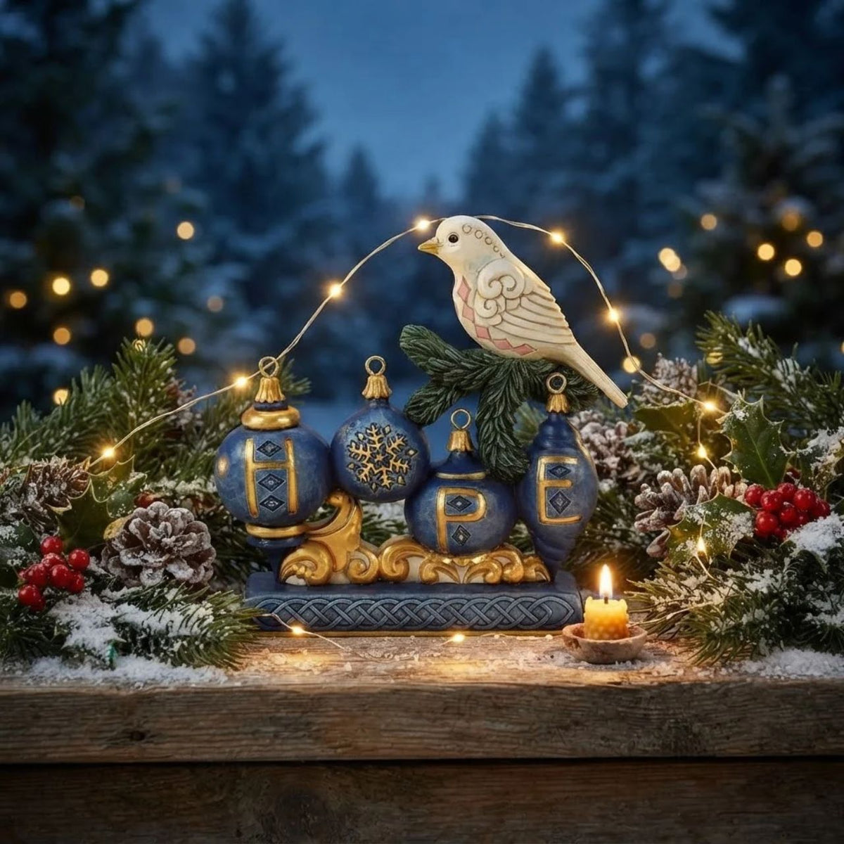 This elegant Jim Shore ornament features a beautifully patterned dove resting on a pine sprig, with a blue ornament adorned with a golden snowflake hanging gracefully below. The rich colours and details bring a sense of peace to your holiday home.