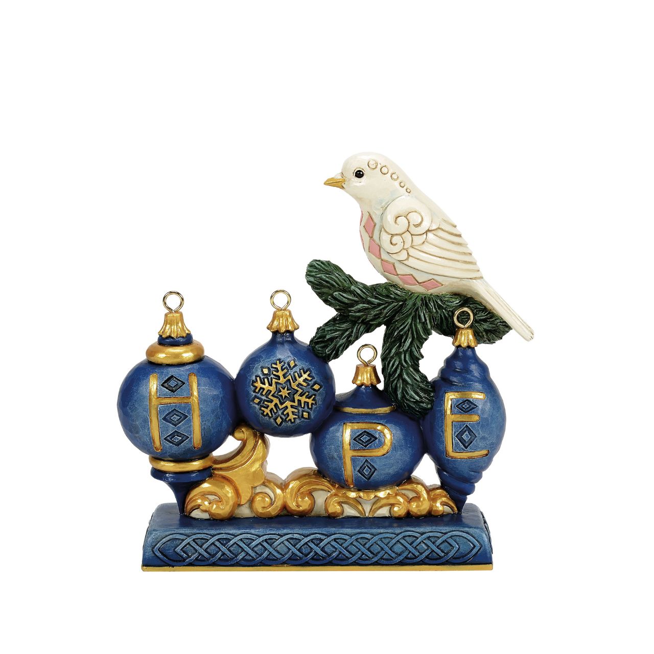 This elegant Jim Shore ornament features a beautifully patterned dove resting on a pine sprig, with a blue ornament adorned with a golden snowflake hanging gracefully below. The rich colours and details bring a sense of peace to your holiday home.